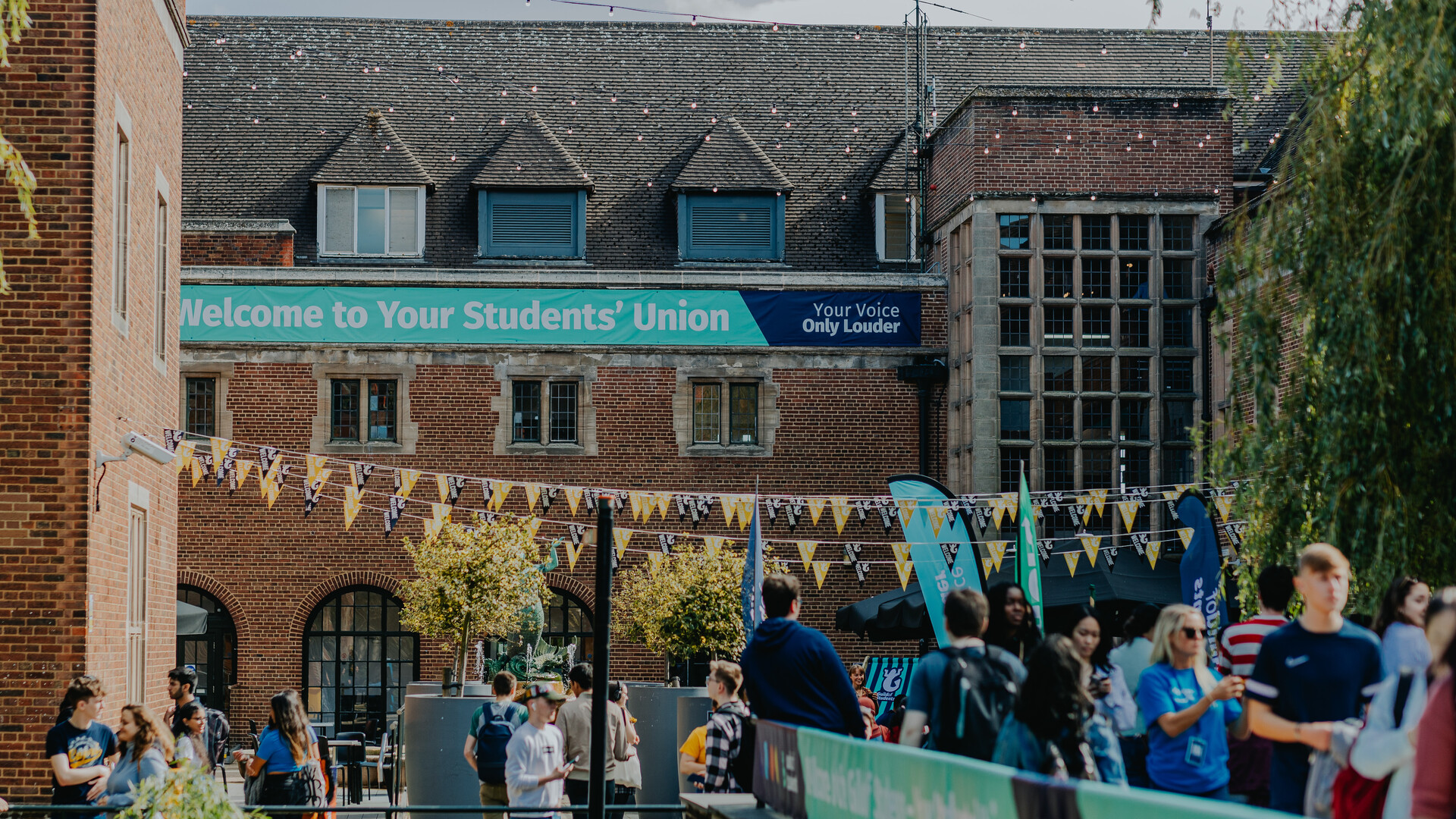 Crowds of students outside the Guild of Students