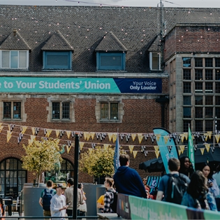 Crowds of students outside the Guild of Students